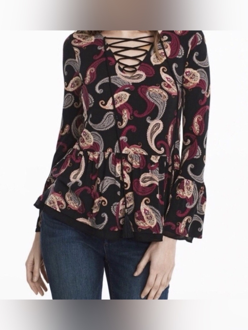 White House | Black Market | Bell Sleeve | Lace-Up Peplum Top